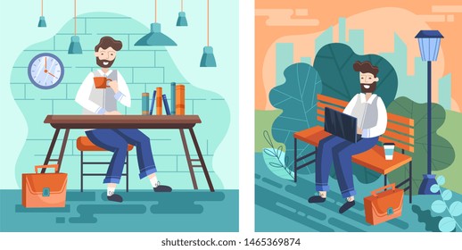 Set of two designs of businessmen working with one seated at his desk in the office and one working on a laptop computer on a park bench outdoors, colorful cartoon vector illustrations.