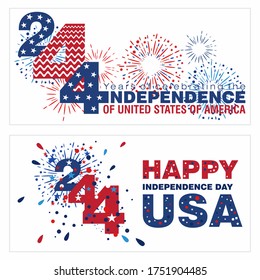 Set of two designs celebrating 244 years of Freedom from Britain by the United States of America with firework designs in patriotic stars and stripes on an isolated background