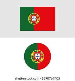 Eine Reihe von zwei Designs mit der Nationalflagge Portugals: ein rechteckiges Banner und ein kreisförmiges Symbol.