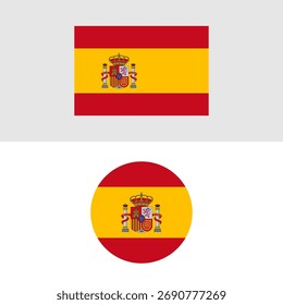 Ein Satz von zwei Designs mit der Nationalflagge Spaniens: ein normales horizontales Banner und ein kreisförmiges Symbol. 