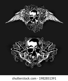 A set of two designs with skulls, one decorated with wings, the other with the Victory gesture