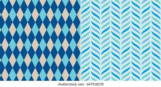 Set of Two Diamond and Curved Short Stripe Repeat Patterns / Vector Illustration / Tan Turquoise and Blue / Global Colors saved with Pattern Swatches