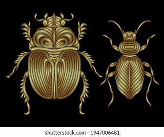 A set of two different beetles embroidered with gold thread. Decorative element for embroidery, patches, stickers, badges, print for t-shirts.