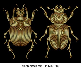 A set of two different beetles embroidered with gold thread. Decorative element for embroidery, patches, stickers, badges, print for t-shirts.