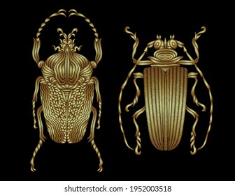 A set of two different beetles embroidered with gold thread. Decorative element for embroidery, patches, stickers, badges, print for t-shirts.