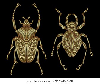 A set of two different beetles embroidered with gold thread. Decorative element for embroidery, patches, stickers, badges, print for t-shirts.