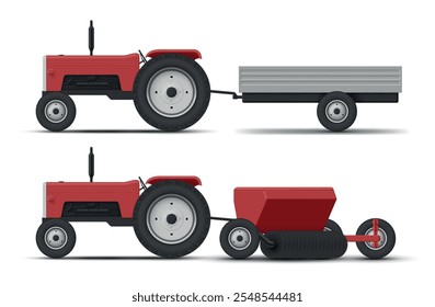 A set of two different farm tractors, one with a trailer and the other equipped with a fertilizer spreader, demonstrating essential farm equipment.