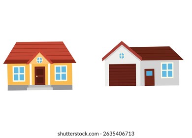Set of two different house vector illustrations, each with unique roof and wall styles. Suitable for real estate presentations, urban planning visuals, and architectural design.