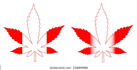 Set of two different marijuana leaves with the colors of canadian flag. Concept of the legalization of recreational cannabis use in Canada.