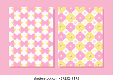 Conjunto de dos patrones diferentes de color rosa y amarillo sin costuras, como cuadrícula trippy o patrones geométricos florales disponibles como papeles digitales o Ilustraciones vectoriales para proyectos creativos. Cuenta con una estética moderna retro o hippie con Elementos florales. para la tela, papel de regalo, scrapbooking, tarjetas de felicitación y otros proyectos de diseño.