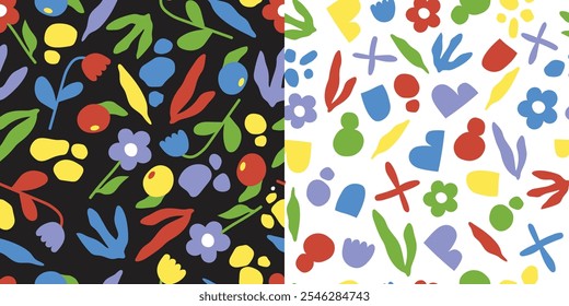 Set of two different seamless pattern with colorful contemporary groove design including plants, organic shapes and berries
