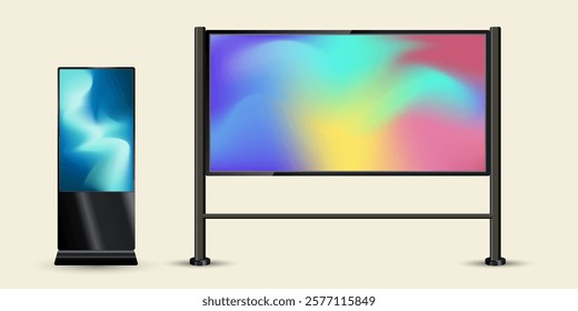 Set of two different styles of Large LED Screen Mock up with black realistic stand for outdoor-indoor street LED screen Mock up vector design. The TV LED monitor