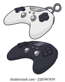 Set of two different version of video game controllers: one white with connection cord, and the another, one black wireless edition. Design isolated in cartoon style.