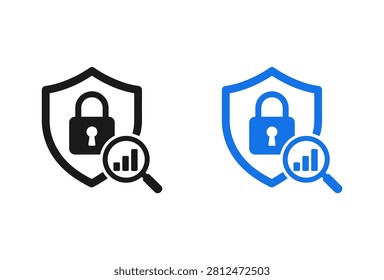 A set of two digital security icons in black and blue showing a protective shield with a padlock and a magnifying glass analyzing statistical data charts