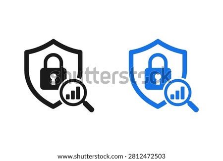A set of two digital security icons in black and blue showing a protective shield with a padlock and a magnifying glass analyzing statistical data charts