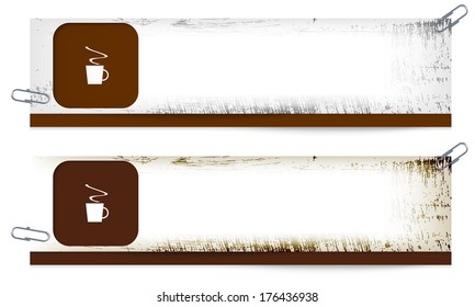 set of two dirty banners with cup of coffee