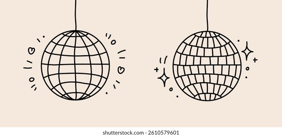 Set of two disco balls on light background, outline, doodle style, simple hand drawn illustration, drawing, flat style