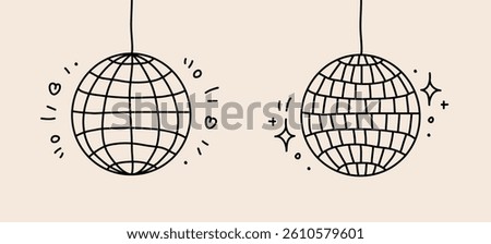 Set of two disco balls on light background, outline, doodle style, simple hand drawn illustration, drawing, flat style