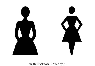 Un conjunto de dos íconos de silueta negros distintos que representan una figura femenina, a menudo utilizada para la señalización del baño o la Identificación de género, presentados claramente contra un fondo blanco claro para un uso fácil.