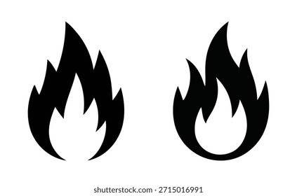 Um conjunto de dois ícones distintos de silhueta preta representando fogo ou chama, perfeito para sinais de aviso, símbolos de perigo ou ilustração de calor geral, isolado no branco.