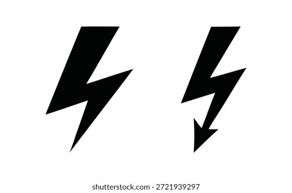 Um conjunto de dois símbolos distintos de relâmpago de silhueta preta, comumente usados como um sinal de alerta para alta tensão ou risco elétrico, apresentados claramente em um fundo branco.