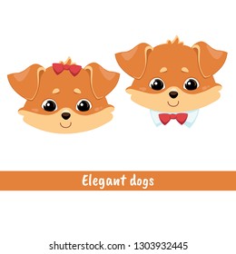 Set of two dogs with different accessories - a bow on the head and a collar with a bow tie on the neck. Color image of a pets. Vector illustration for design, print on t-shirt, bag, notebook, card.