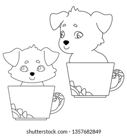 Set of two dogs. Doggy sitting in a big mug. Linear, black and white image of a pet. Vector illustration for coloring book, stencil, design, prints.