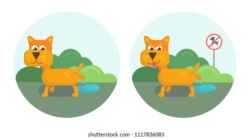 Set of two dogs walking in park. flat vector icons yellow dog.  Good and bad dog pisses in a forbidden place
