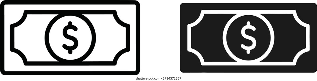 A set of two dollar bill icons in black and white
