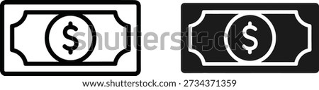 A set of two dollar bill icons in black and white