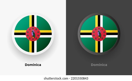 Set of two Dominica flag buttons in black and white background. Abstract shiny metallic rounded buttons with national country flag