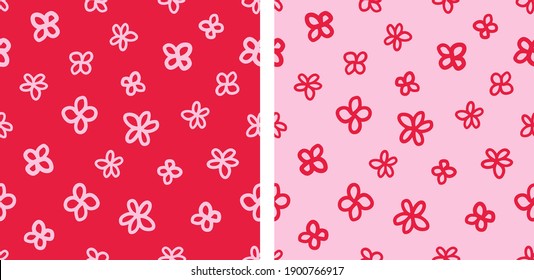 Set of two doodle vector florals seamless pattern with pink background.