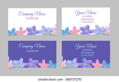 Set of two double-sided floral business cards with small sweet flowers on white and violet background