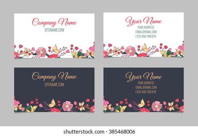 Set of two double-sided floral business cards with hand drawn flowers and butterfly