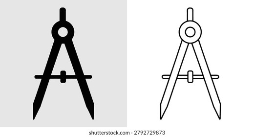 A set of two drafting compass icons, one solid black and one outline style, representing geometry, architecture, and technical drawing tools.