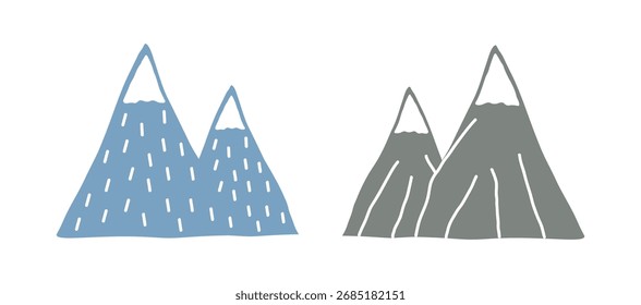 Conjunto de dois desenhos isolados sobre fundo branco. Montanhas azuis e cinzentas com pico coberto de neve. Design de desenho plano. Ilustração vetorial. Ambiente, natureza.