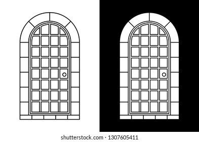 Set of two dungeon, castle doors, gate. Black contour linear silhouette and white silhouette on black background.