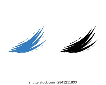A set of two dynamic brush stroke elements in blue and black colors featuring sharp edges and a sense of motion for graphic design use.