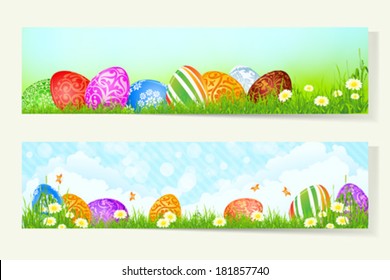 Set of Two Easter Cards with Decorated Eggs