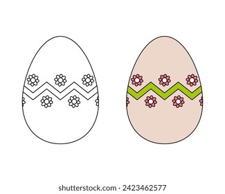 A set of two Easter eggs. Colored black and white Easter eggs. Coloring book. Contour drawing