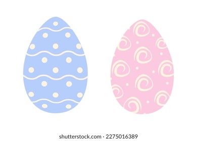 Set of two Easter eggs in trendy pink and blue with abstract pattern of wavy lines, dots and roses