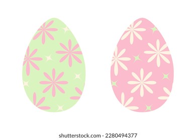 Set of two Easter eggs in trendy green and pink with pattern of abstract stars and flowers. EPS