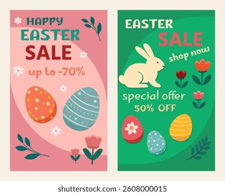 Set of two easter sale banners in flat retro style. Easter eggs, flowers, rabbit in bright colors. Vector illustration. Suitable for advertising, flyers,posters,vouchers.