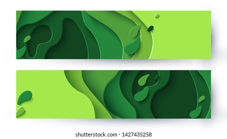 Set of two eco abstract green paper cut banners. Vector ecological backgrounds with 3d layered paper cut. Ecology design concept for business posters, presentations, flyers, invitations.