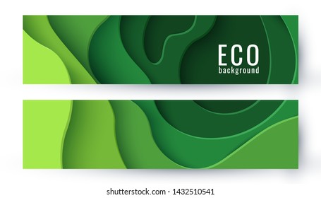 Set of two eco abstract green paper cut banners. Vector ecological backgrounds with 3d layered paper cut. Ecology design concept for business posters, presentations, flyers, invitations.