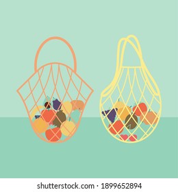 set of two eco bags with a fruits inside of it vector illustration design