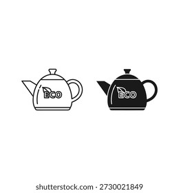 Set of two eco teapot icons, outline and solid, isolated on