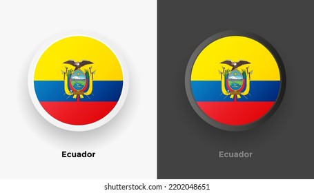 Set of two Ecuador flag buttons in black and white background. Abstract shiny metallic rounded buttons with national country flag