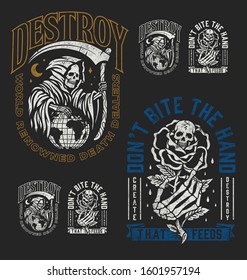 A set of two edgy tattoo style illustration graphic designs for t-shirts or other merchandise. Grim Reaper and Hand holding rose