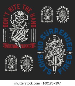 A set of two edgy tattoo style illustration graphic designs for t-shirts or other merchandise. Hand holding rose and Snake with dagger